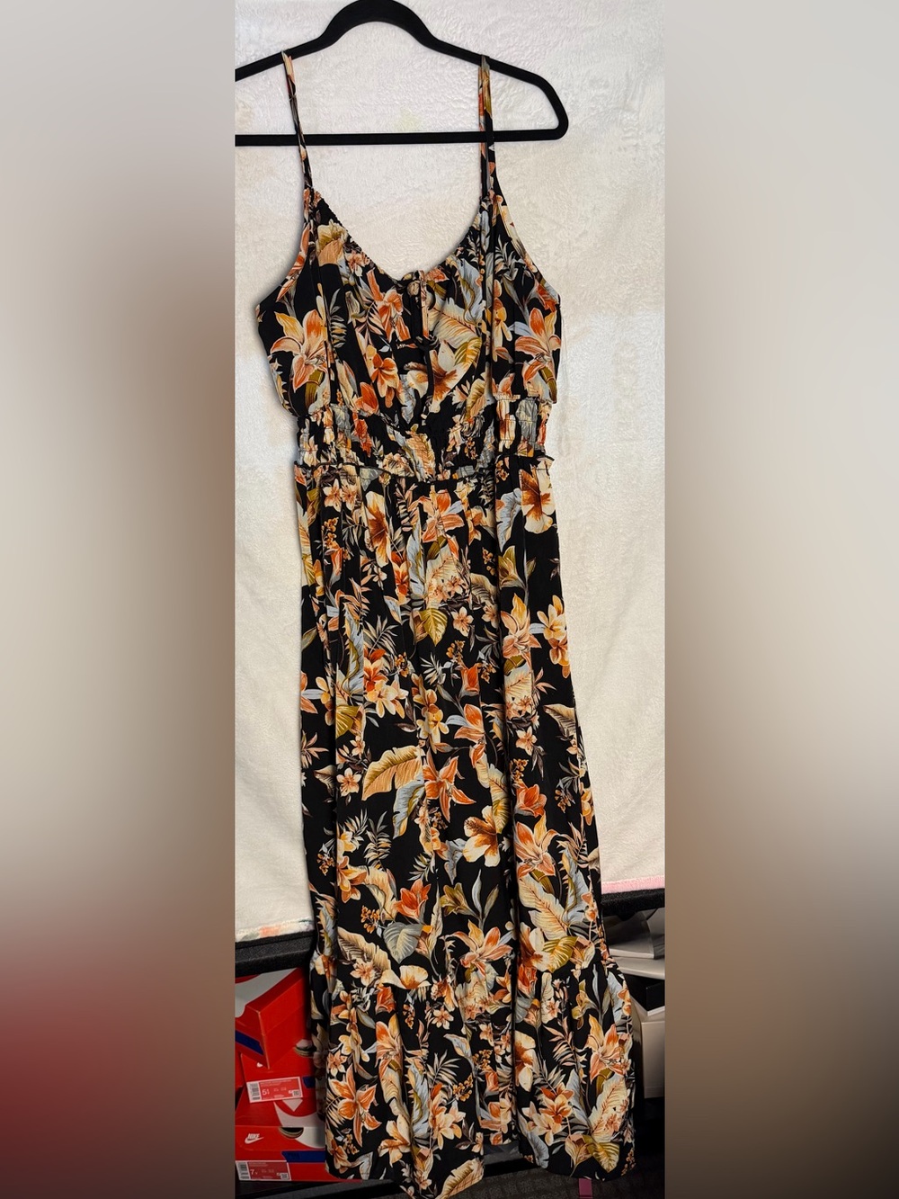 Floral dress in Black with Orange & Cream Blooms